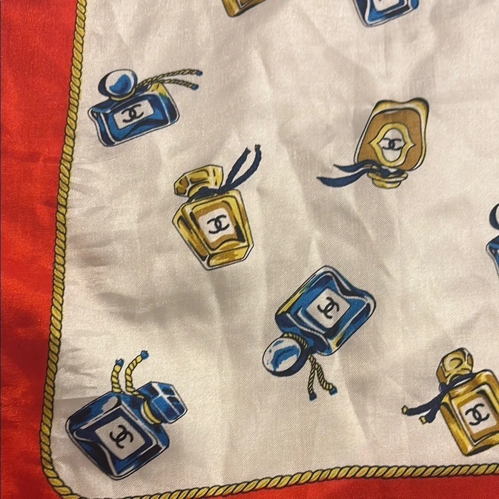 Vintage Chanel Red and White perfume bottle Patterned Scarf